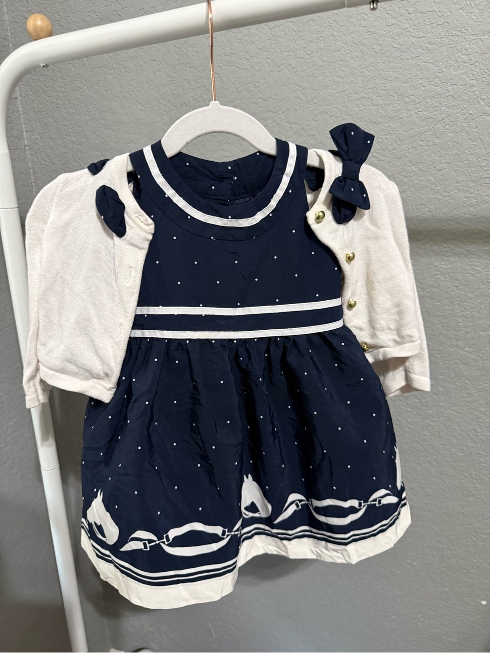 Janie and Jack Navy and White Equestrian Horse Dress and Matching Cardigan